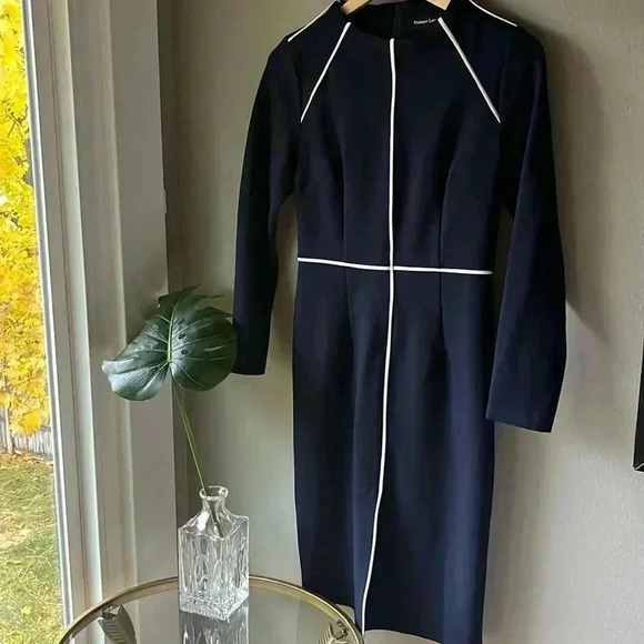 Monique Lagarde Tailored Contrast Stitch Navy and White Long Sleeve Dress Size L - Picture 3 of 12